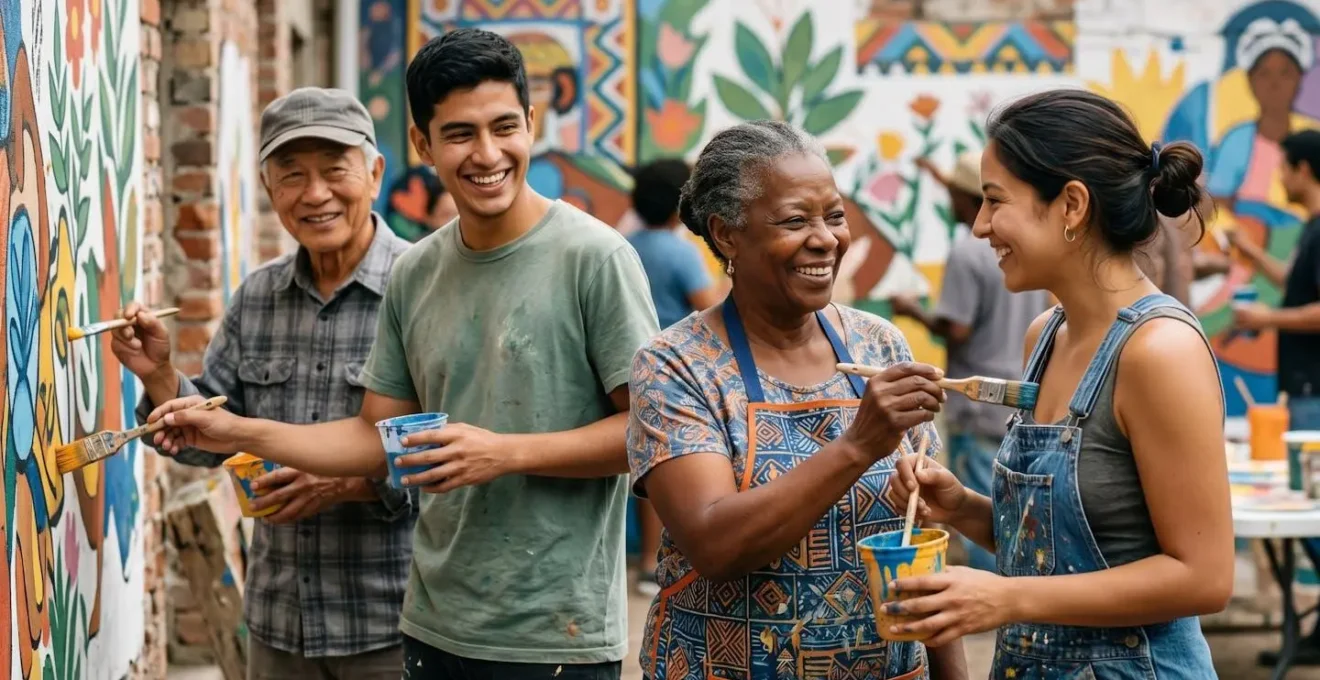 Local artist working with community members on collaborative mural project