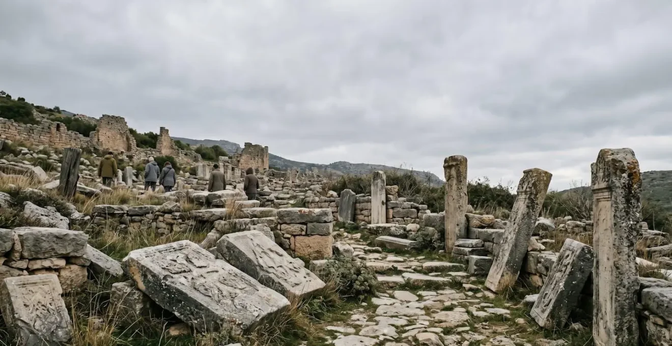 Environmental scene showing historical layering through weathered artifacts and contested narratives