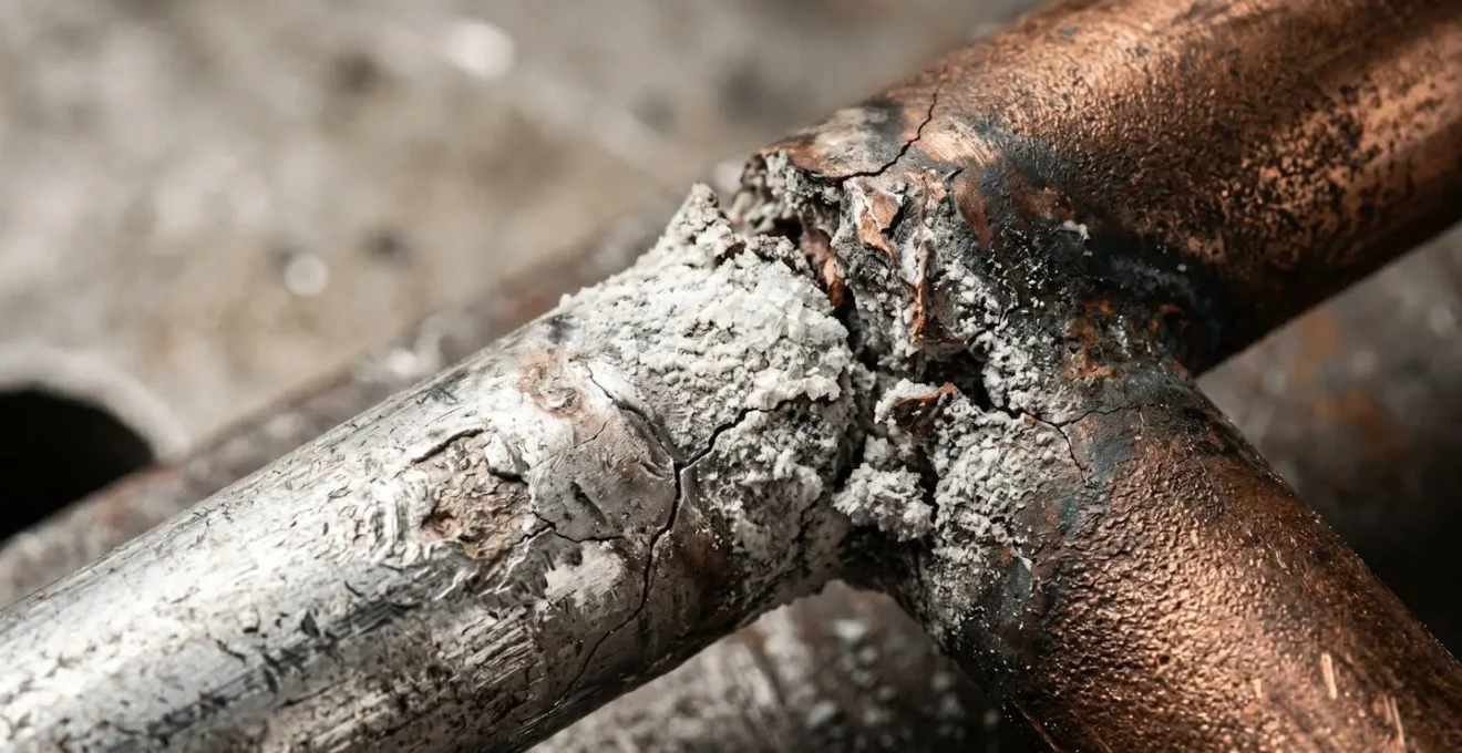 Macro detail of galvanic corrosion where aluminum armature meets copper fastener showing white oxidation and material degradation