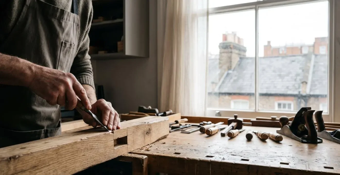 Environmental wide shot of a traditional woodworking studio with craftsman's hands working on complex joinery under natural window light