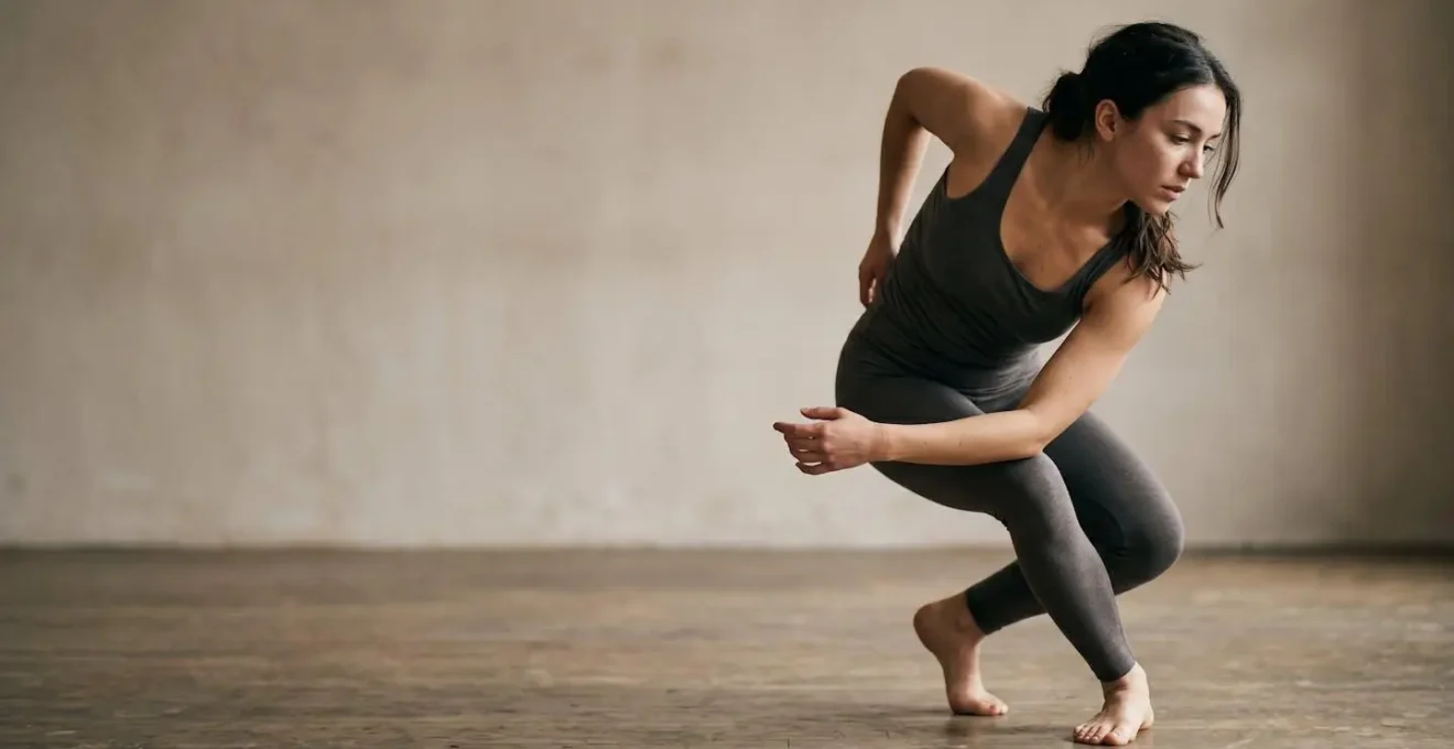 Contemporary dancer exploring asymmetrical movement constraints during solo creative research session with focused physical investigation