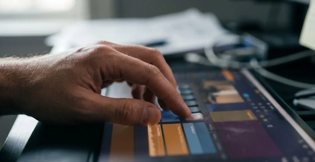 Close-up of hands reviewing documentary footage timeline showing editorial decision-making process