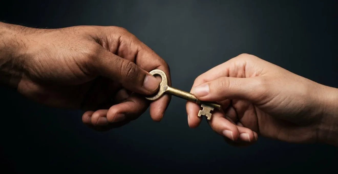 Two hands exchanging a meaningful object symbolizing power dynamic shift