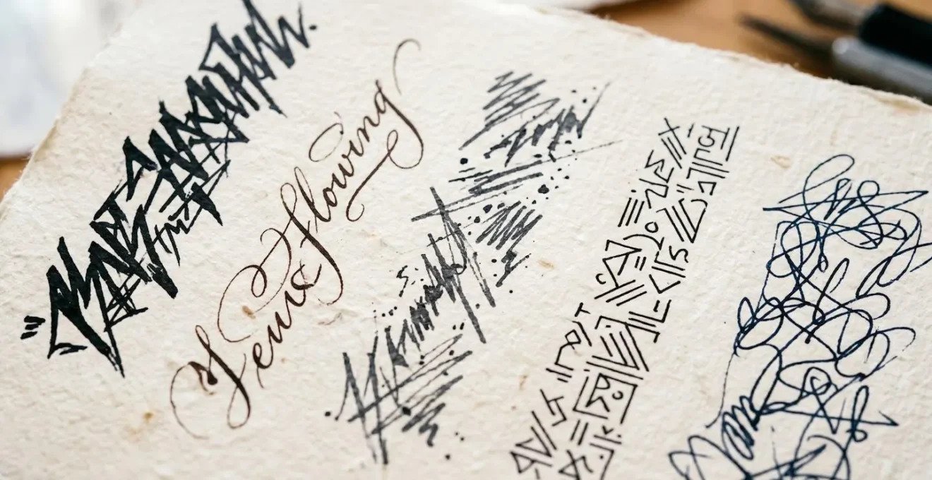Extreme close-up of handwritten text showing five distinct writing styles on textured paper