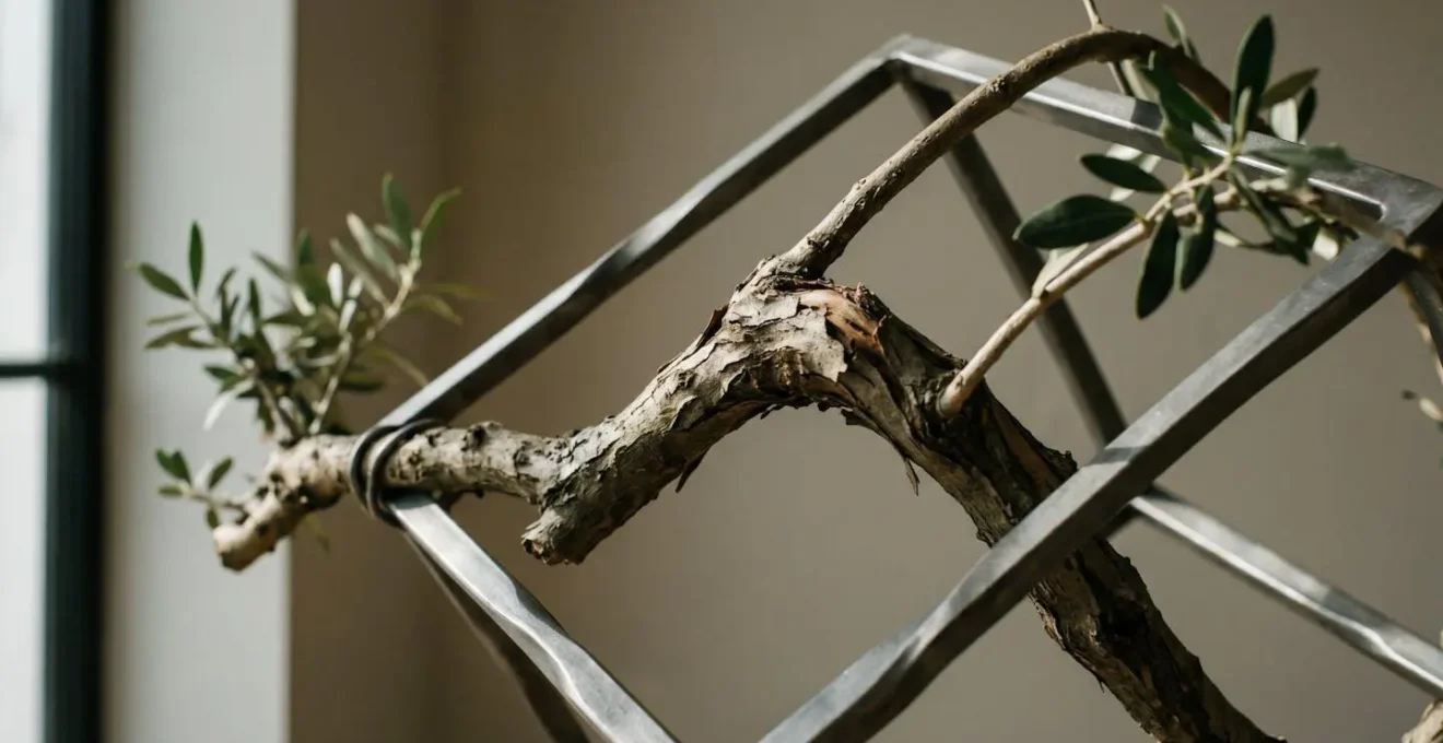 Visual metaphor of a natural branch being forced into an unnatural, rigid shape, representing awkward poetic syntax.