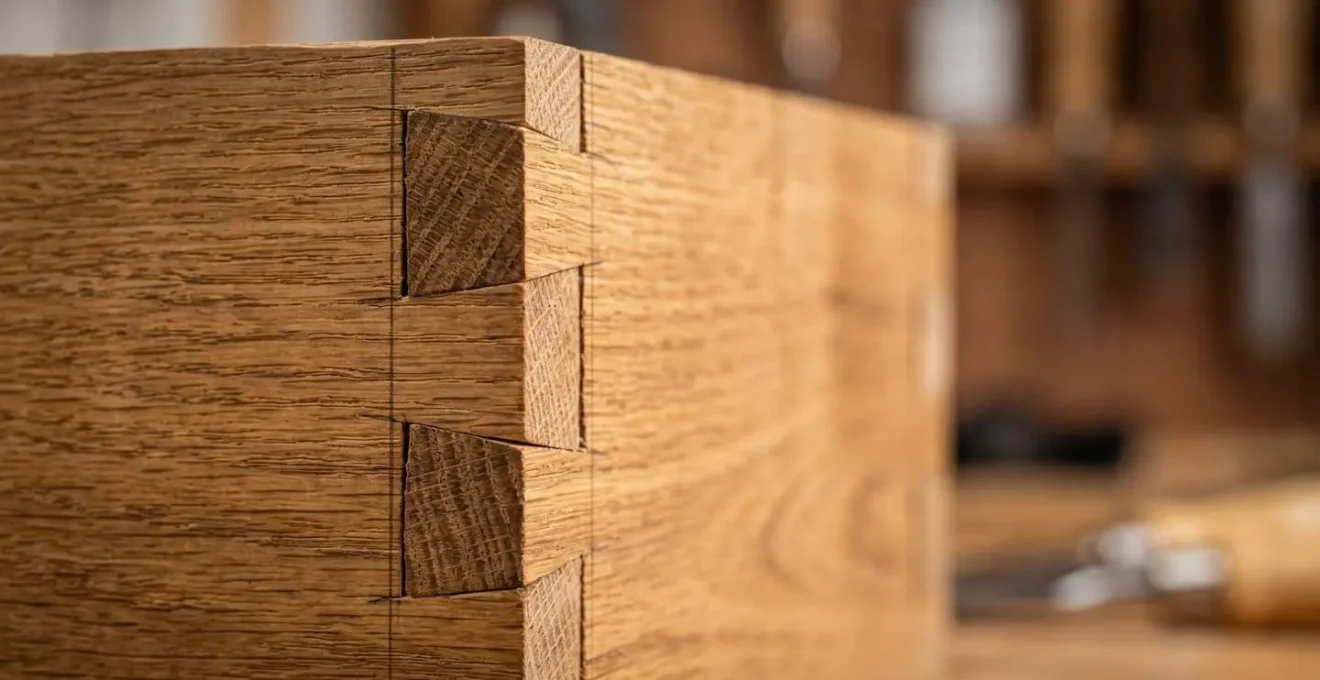 Extreme close-up of hand-cut dovetail joint showing subtle rhythmic variations and crisp scribe line marking authentic craftsmanship