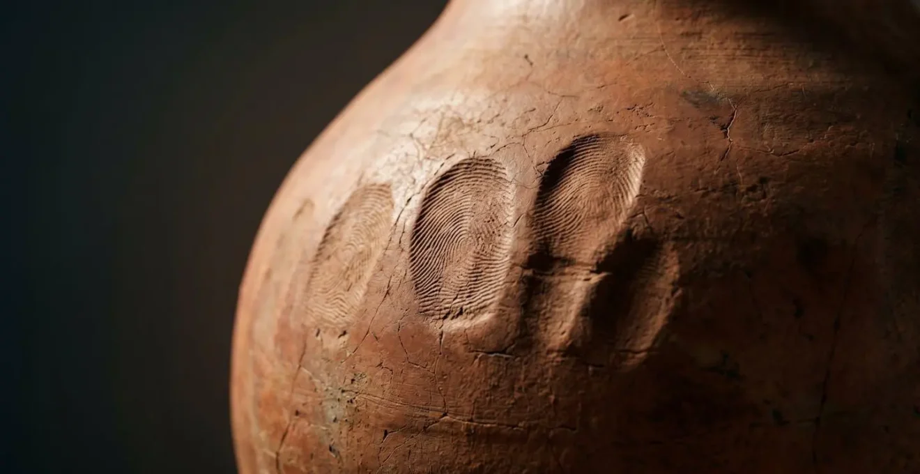 Ancient ceramic pot detail showing preserved potter fingerprints in clay surface with dramatic side lighting revealing texture