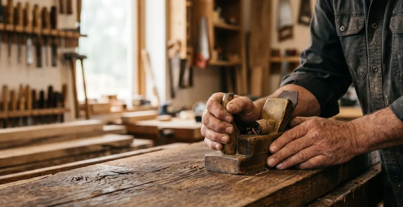 Close-up of artisan hands carefully working with reclaimed timber, showing authentic craftsmanship and connection to materials