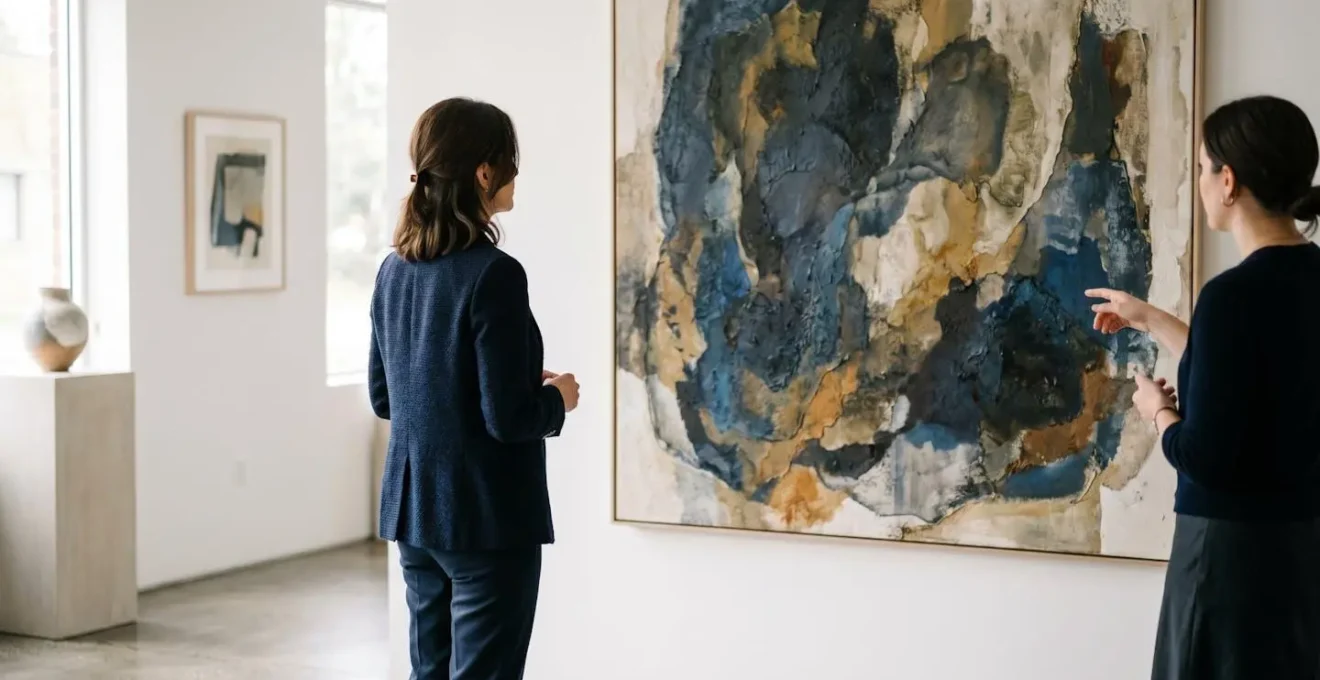 Art collector viewing physical painting in minimal gallery space while assistant gestures toward additional works