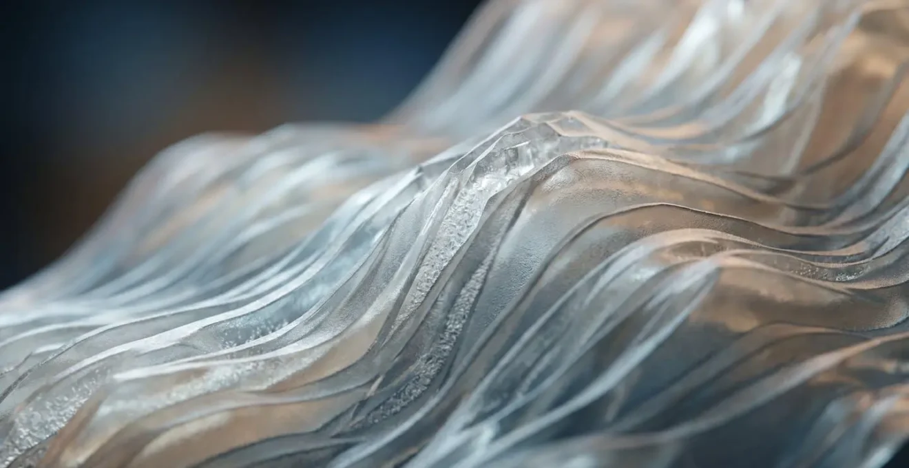 A macro perspective showing abstract soundwave patterns and acoustic textures materializing in three-dimensional space, representing spatial audio design for virtual environments