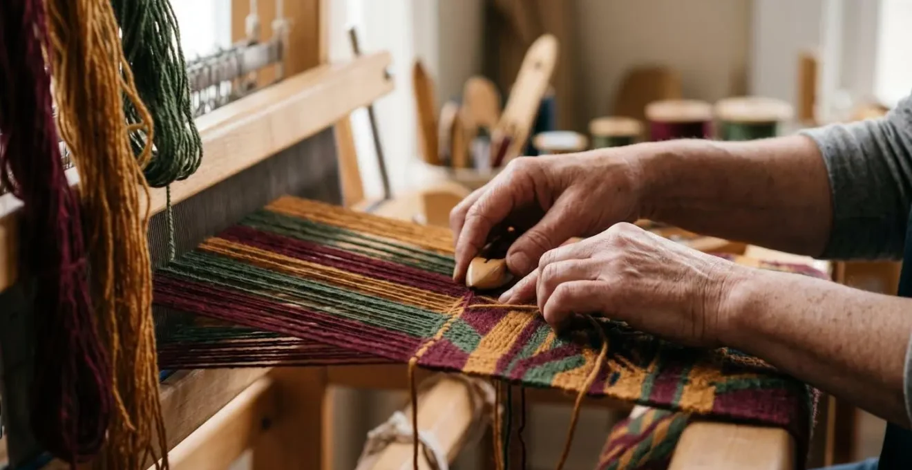 Close-up human hands weaving multiple colored threads into a unified pattern demonstrating narrative connection