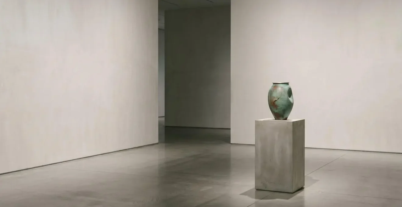 Wide-angle environmental shot of a single handcrafted vase displayed in minimal gallery space with dramatic negative space
