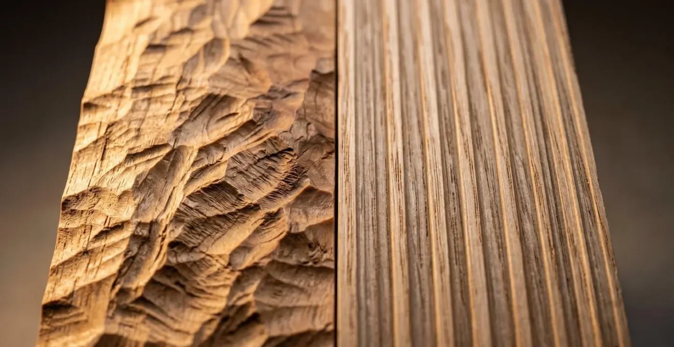 Extreme close-up showing tactile difference between hand-carved and CNC-machined wood grain patterns