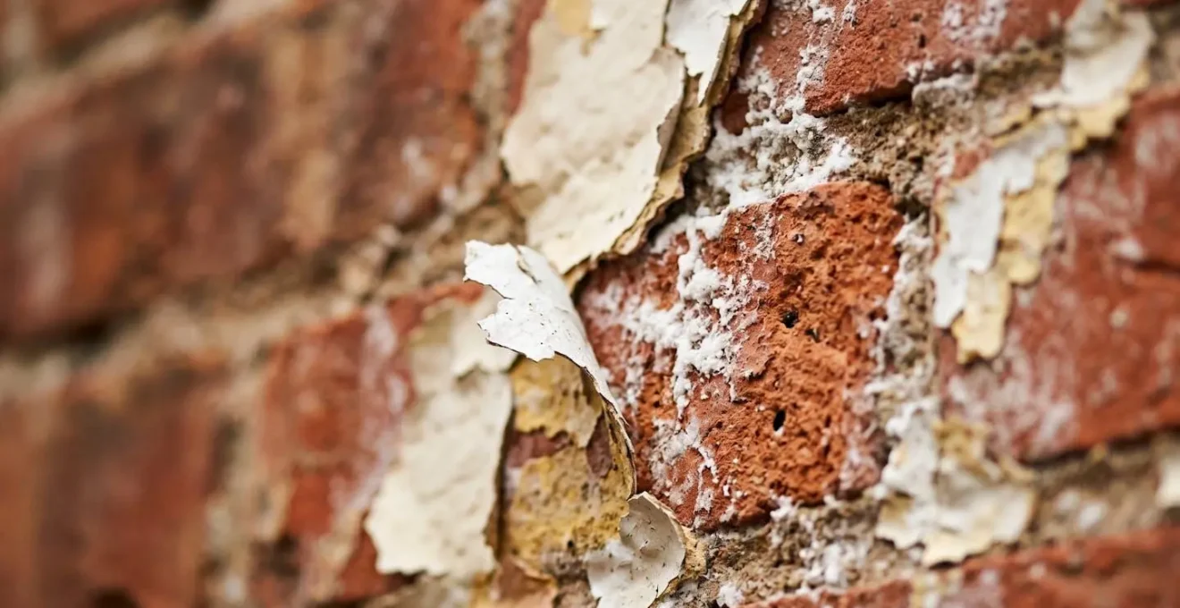 Extreme close-up macro photograph of paint flaking and delamination on old brick showing primer failure texture