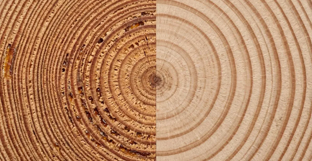 Extreme close-up macro photograph of wood grain showing tight growth rings and natural texture patterns