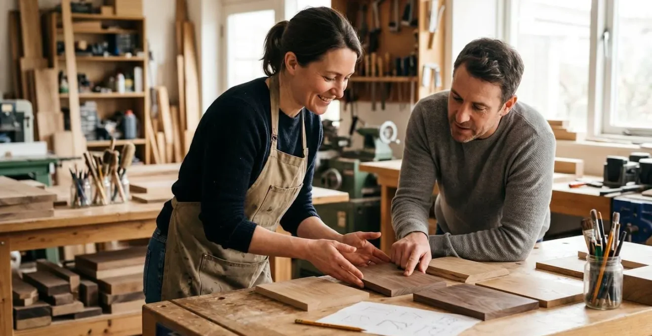 Furniture maker and client reviewing wood samples and sketches together in natural-light workshop environment