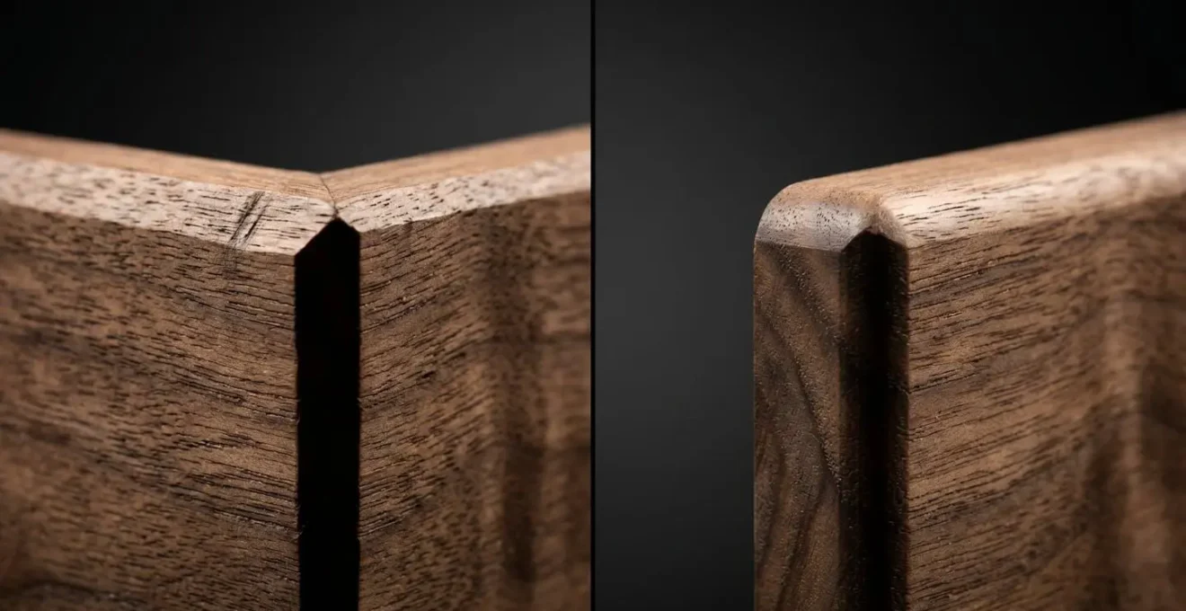 Macro photograph revealing the micro-scale differences between hand-cut and CNC-routed wood joint surfaces under directional lighting