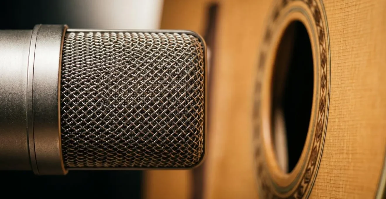 Close-up detail of professional condenser microphone positioned near acoustic guitar sound hole showing subtle distance relationship