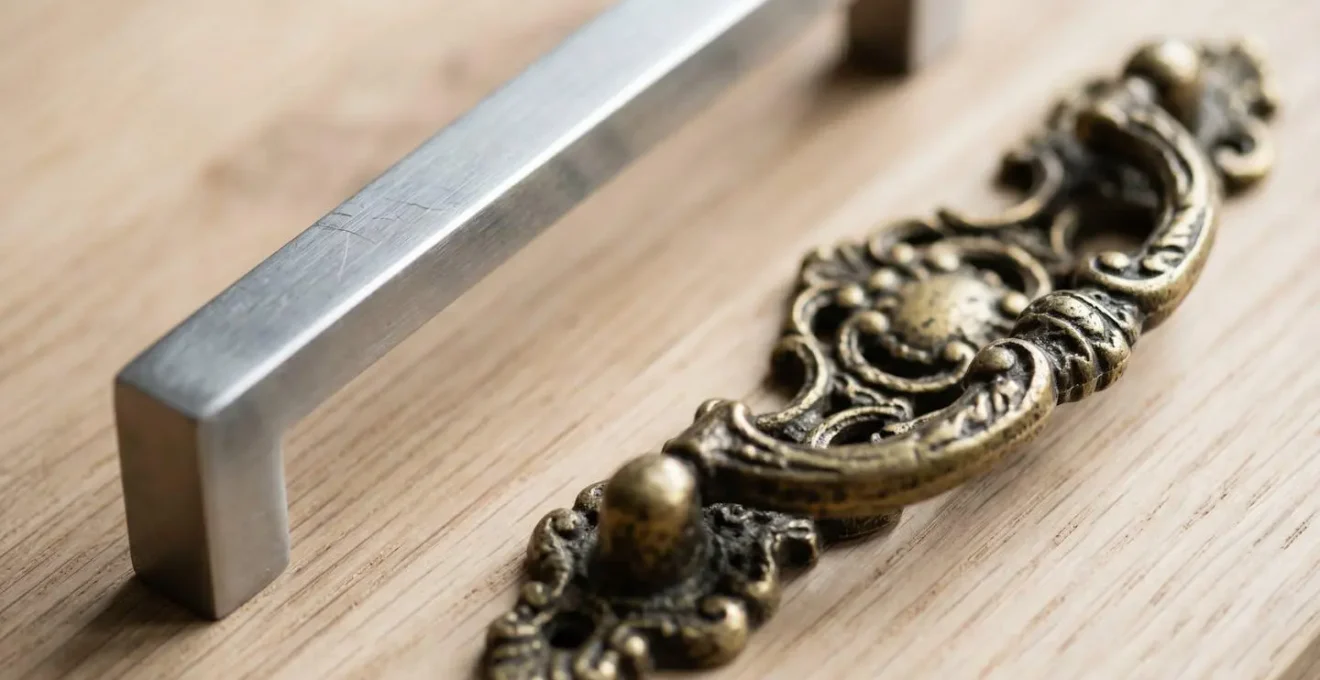 Extreme close-up comparison of clean minimalist metal handle against traditional ornate brass pull showing textural contrast