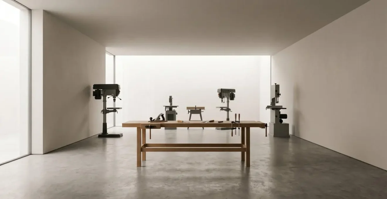 Modern energy-efficient studio equipment in a sustainable maker's workshop, representing green investment decisions