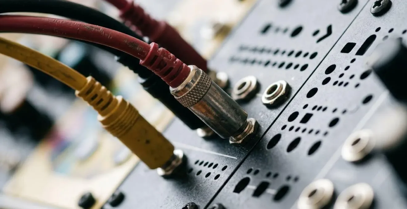 Extreme macro photograph of synthesizer patch cables connected to input jacks with shallow depth of field, emphasizing the tactile texture of sound design