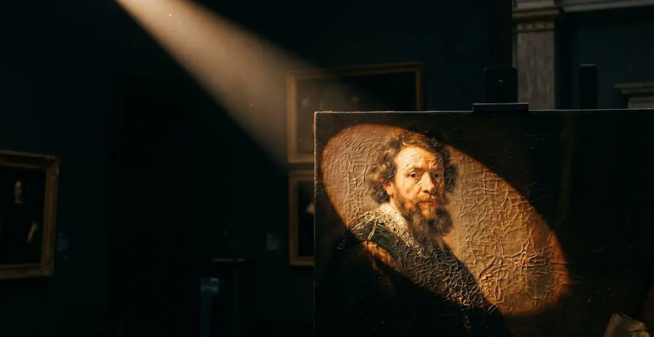 Dramatic museum spotlight illuminating artwork detail against dark gallery background