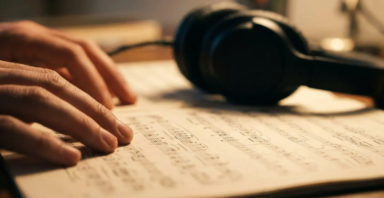 Close-up of musician's hands hovering over orchestral score with headphones nearby