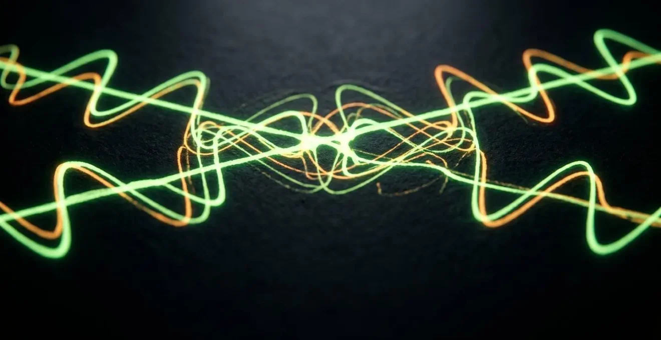 Close-up macro view of audio waveform interference patterns showing phase relationship