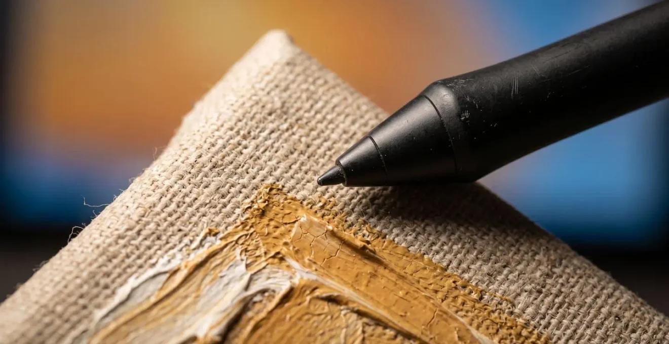 Macro view of digital editing process showing canvas texture detail