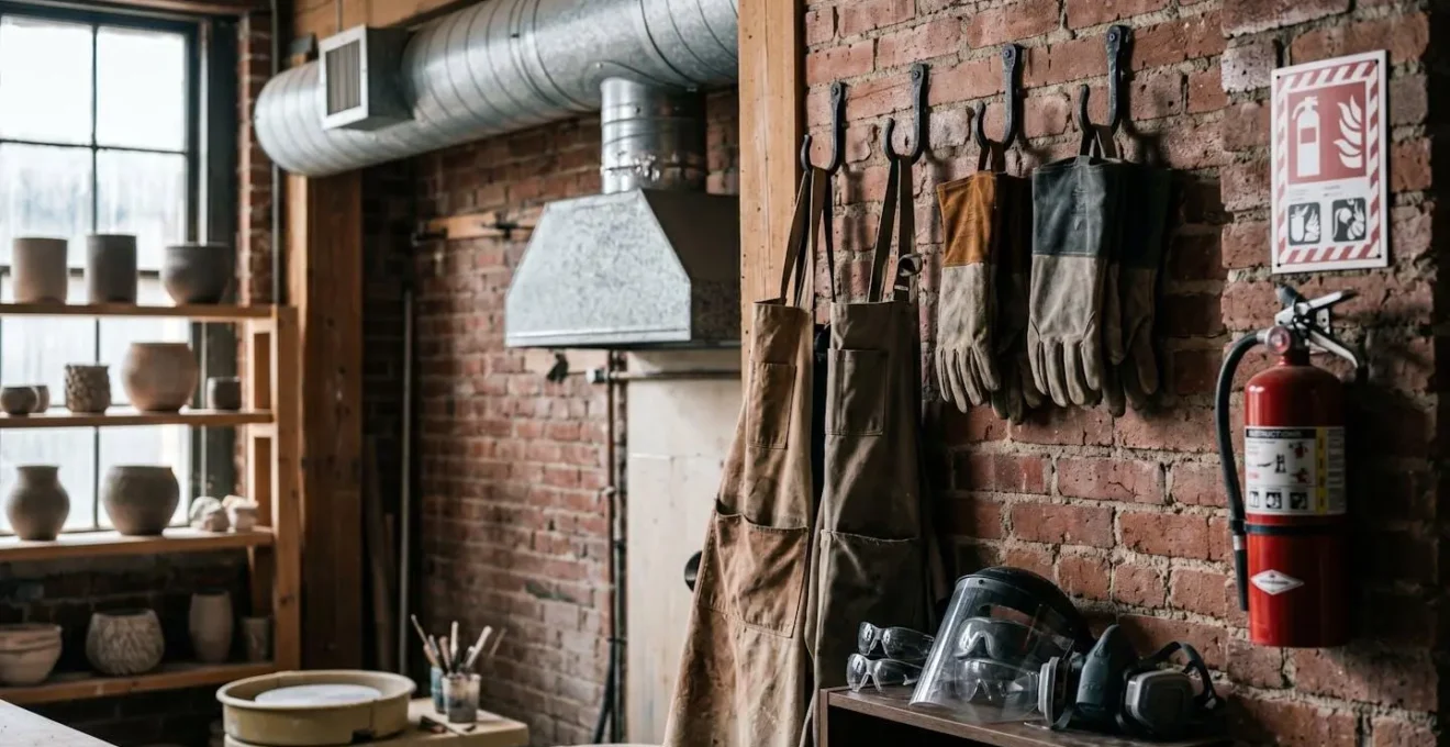 Professional pottery studio safety setup showing protective equipment and ventilation systems for ceramic artists