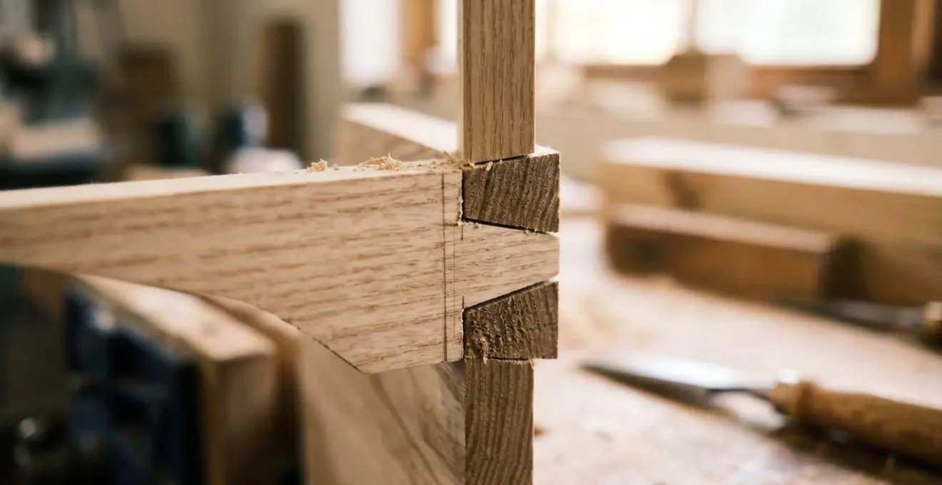 Macro close-up of precisely cut wooden joinery detail showing the intersection of digital fabrication and traditional woodworking craftsmanship