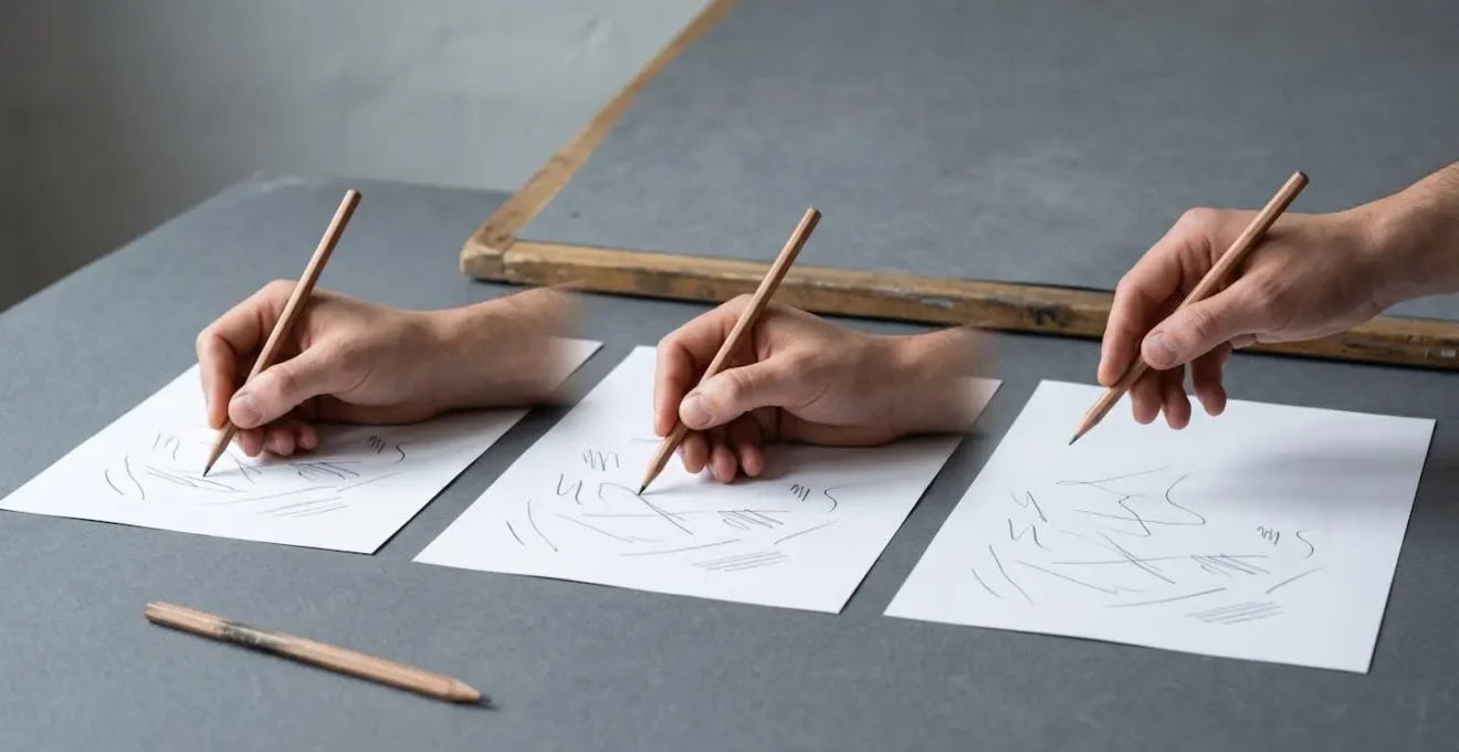 Three-stage demonstration of hand support positions for drawing line exercises, from full palm rest to hovering hand technique
