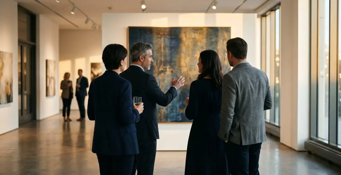 Small group of collectors in intimate gallery setting during exclusive quiet-period exhibition opening