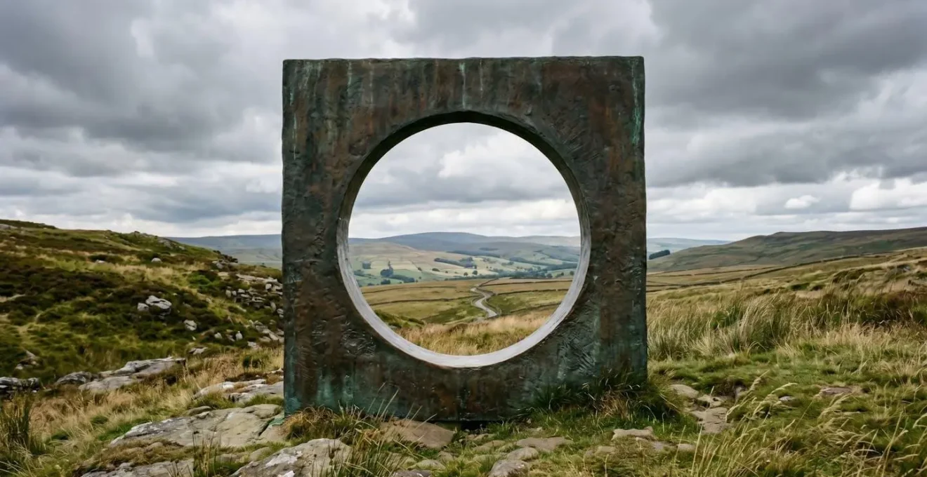 Monumental bronze sculpture with pierced void framing distant Yorkshire landscape through its aperture