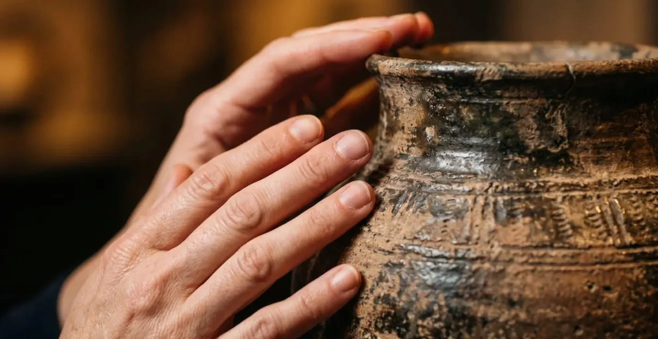 Close-up of hands gently touching textured ceramic surface in warm gallery light