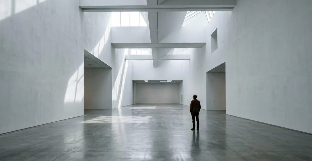 Single person standing in expansive minimalist architectural space emphasizing scale and contemplative solitude