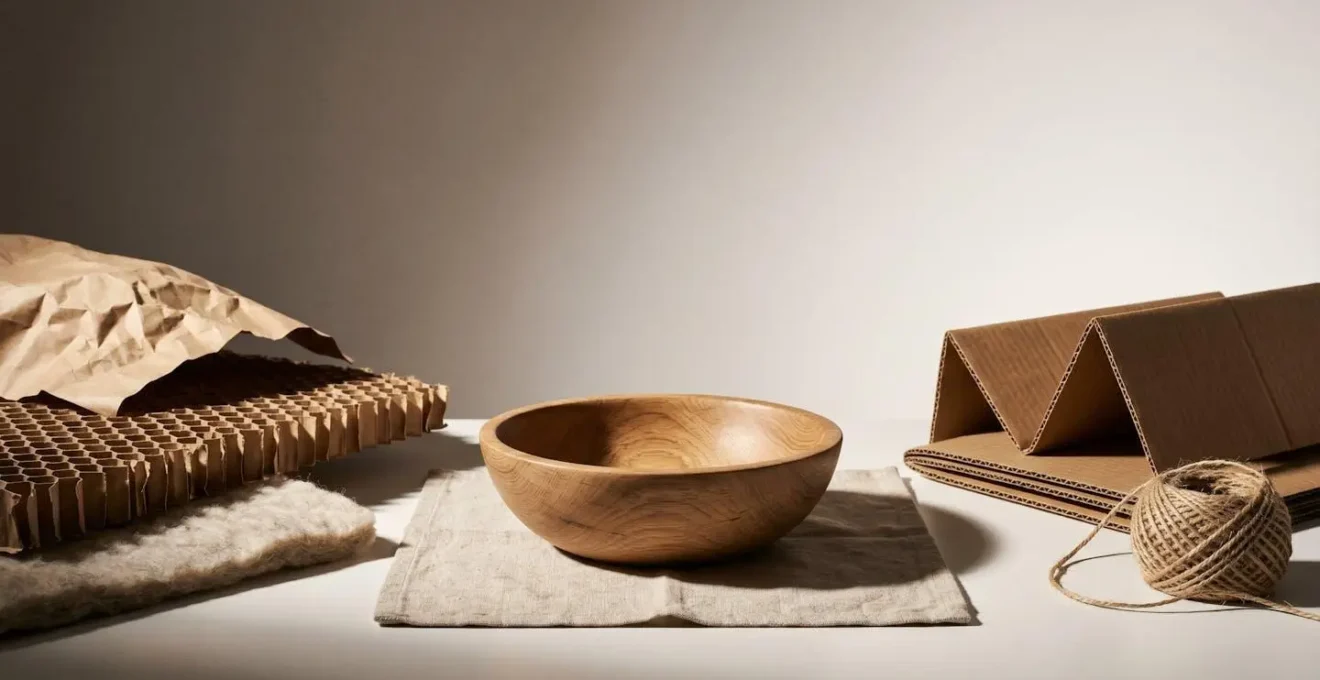 Conceptual still life contrasting natural wood materials with protective packaging elements in a balanced composition