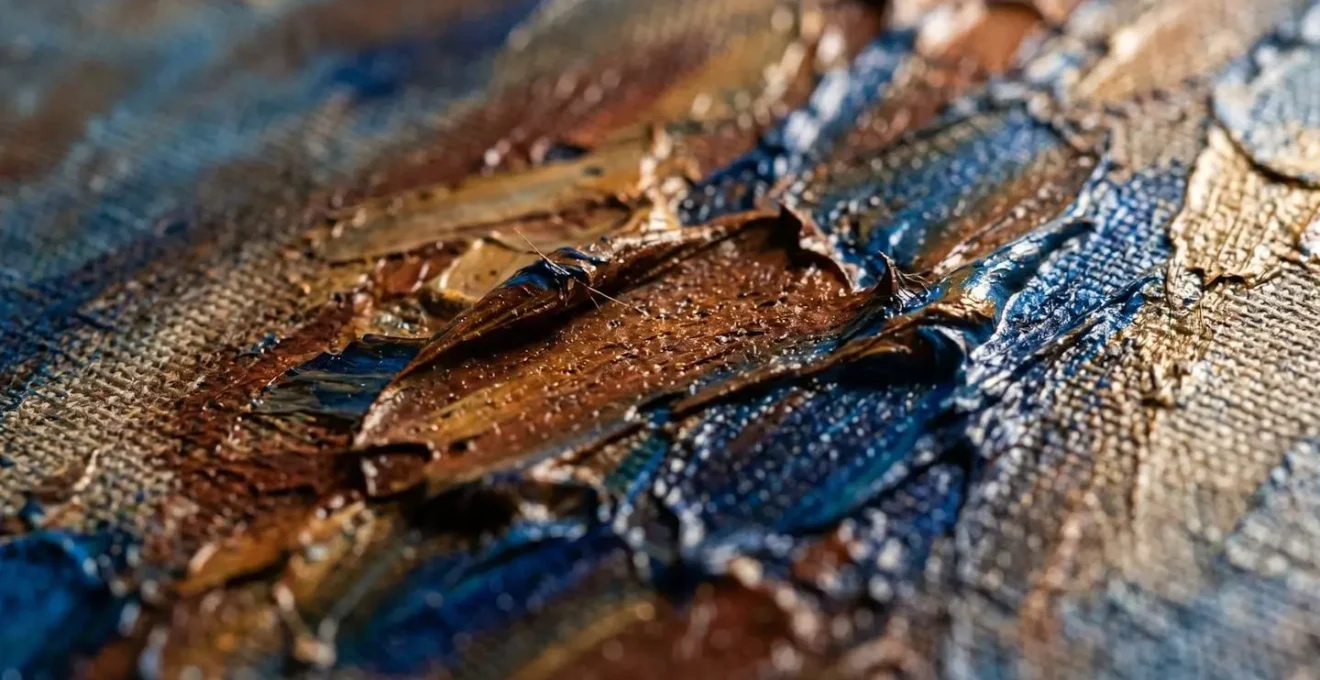 An extreme close-up of oil paint texture on canvas showing impasto technique with visible brush strokes and surface relief creating dramatic light and shadow interplay