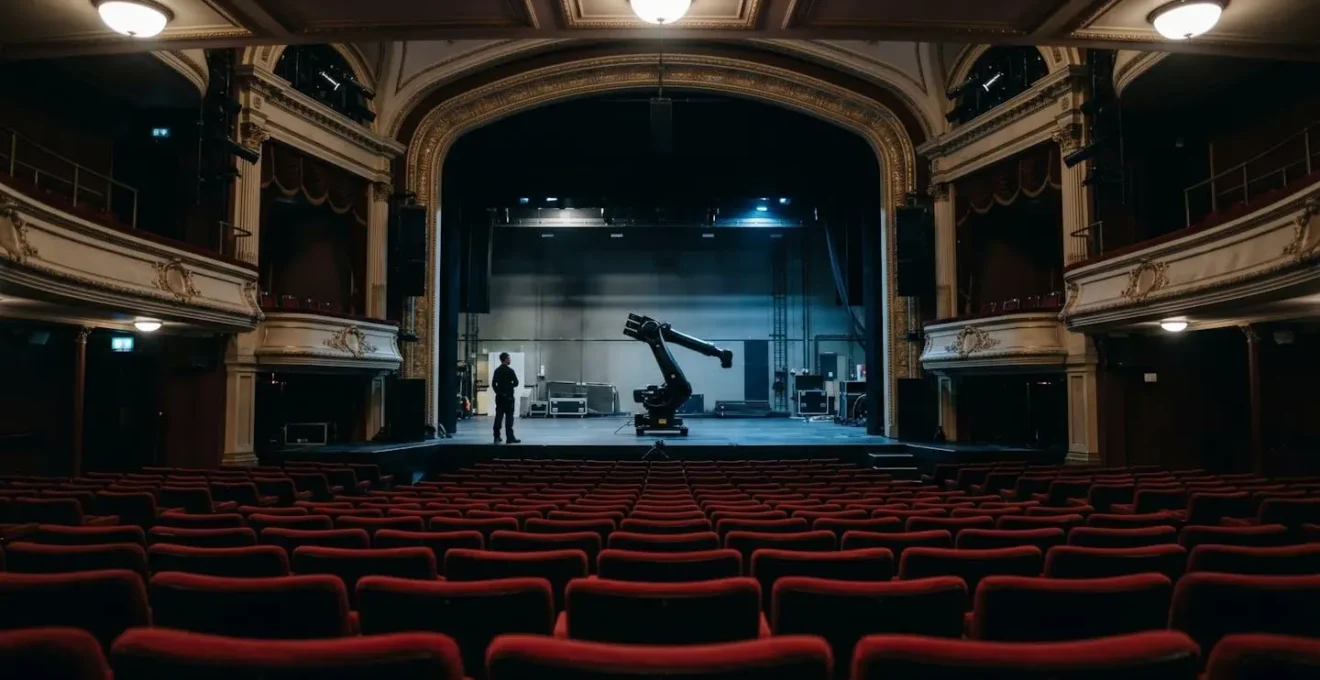 Wide environmental shot of empty theatre stage with kinetic robotic elements being tested during pre-production technical rehearsal
