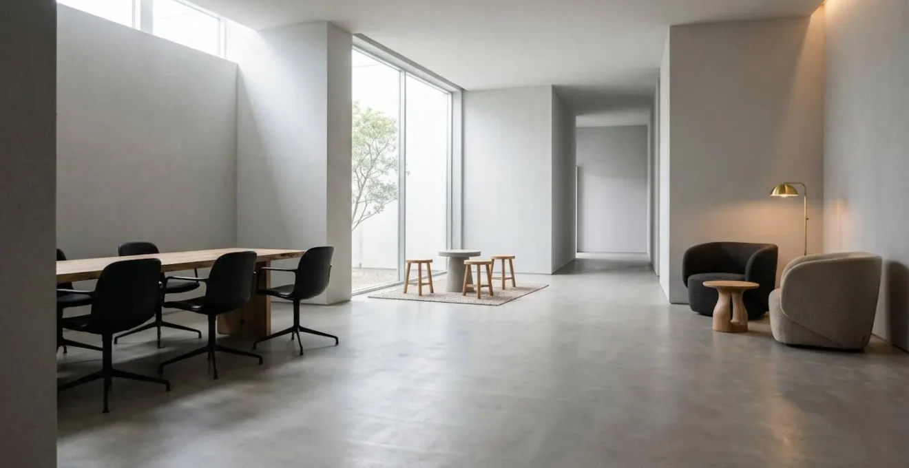 Wide environmental shot showing empty chairs around table with changing natural light