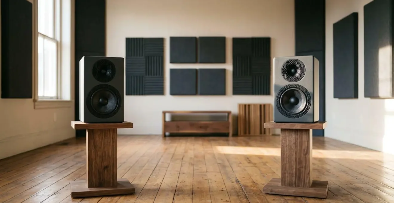 Professional studio monitor speakers in minimalist environment with warm natural light creating negative space around the equipment