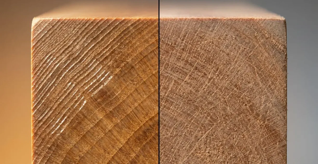 Extreme macro photograph revealing the microscopic surface texture differences between hand-planed and machine-sanded wood