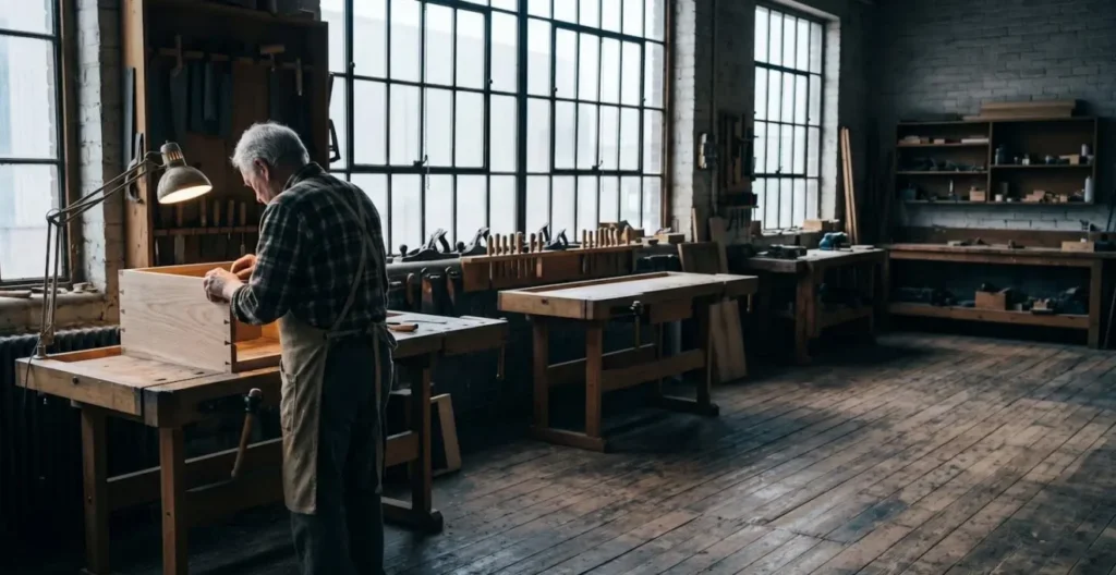 Minimalist wide view of traditional furniture workshop with empty apprentice workbench and aging master craftsperson Minimalist wide view of traditional furniture workshop with empty apprentice workbench and aging master craftsperson