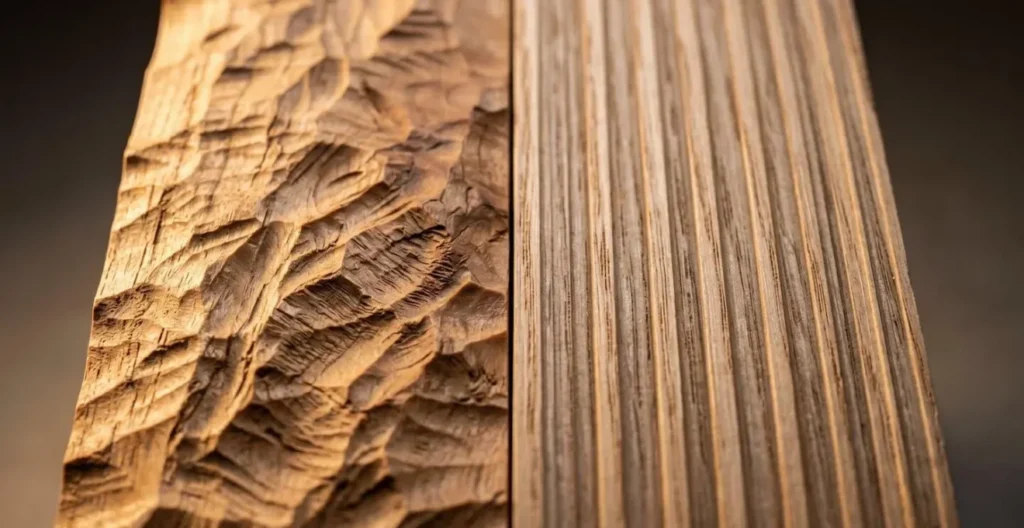 Extreme close-up showing tactile difference between hand-carved and CNC-machined wood grain patterns Extreme close-up showing tactile difference between hand-carved and CNC-machined wood grain patterns